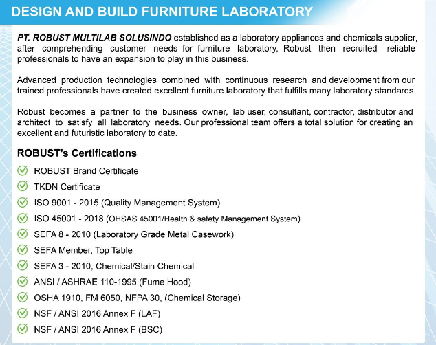 Sertifikasi yang sudah kami dapatkan, menjadi bukti kuat dalam pembuatan furniture laboratorium.